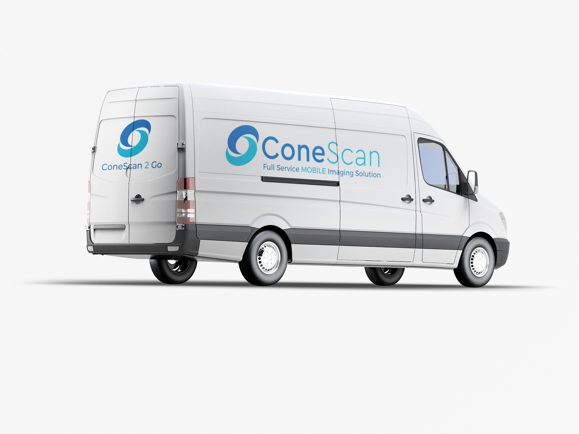 A blue-logoed van equipped for Mobile CBCT scanning.